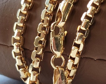 14K Solid Gold Box Link Chain Necklace, Genuine 14K Yellow Gold Round Box Chain, 3.5MM Thick_16&quot;- 28&quot;, Real Gold Chain for Men/Women, Gift!