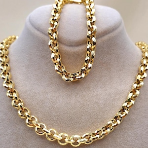 18K Solid Gold Rolo Chain & Bracelet, Pure 18K Gold Rolo Necklace Set for Men and Women, Diamond-cut, 8.65MM Thick, Real 18K Gold Chain Set!