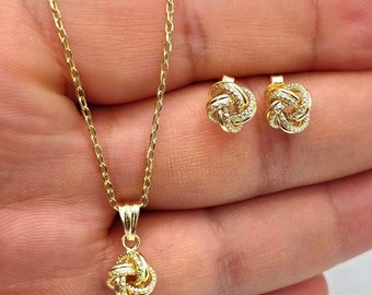 18K guldhalsband med kärleksknut och örhängen, komplett set, present till henne!