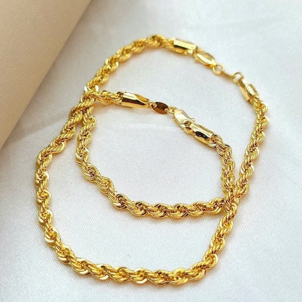 18K Solid Gold Rope Bracelet Chain, Yellow 18K Rope Bracelet Thick Twisted for Men/Women, 18K Pure Gold, 3_4.5mm, 7"- 8.5" Birthday Gift!