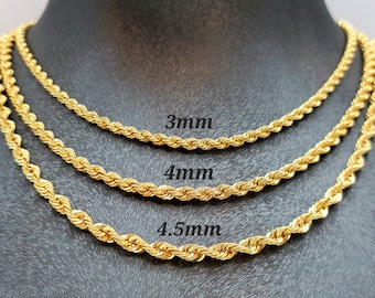 14K Solid Gold Rope Chain Necklace, 14K Yellow Solid Gold Rope Chain, Diamond-cut 3mm-4.5mm Thick 20"- 31.5" Lengths Genuine Gold Chain!