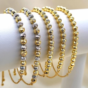 18 kt gouden kralenarmband met bal, massief 18 kt gouden diamantgeslepen balarmband, verstelbare lengte, 5 mm dik_ 18 kt (750) gouden armband voor haar, cadeau!