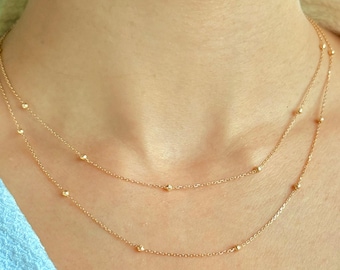 18K Solid Gold Bead Chain Necklace: Dainty Bobble Cable Chain