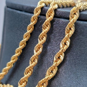 14Kソリッドゴールドロープチェーンネックレス：ダイヤモンドカットイエローゴールド、厚さ3mm～5mm