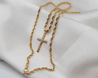 18-karat Solid Gold Cross Necklace - Diamond Cut Stone Pendant - 19.5" Rope Chain -Jesus Cross Necklace in 18K Solid Gold,  Prefect Gift!