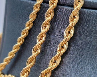 14K Solid Gold Rope Chain Necklace, 14K Yellow Real Gold Rope Chain, Diamond-cut 3mm-5mm Thick, 14&quot;- 26&quot; Lengths, Genuine Gold Chain, Gift!