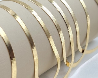14K Solid Gold Herringbone Necklace, Flat Snake Herringbone Choker, 3-3.5mm_15.75&quot;-20&quot; Yellow Gold High Polished Herringbone Necklace, Gift!
