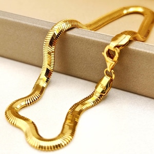 18K Solid Gold Snake Herringbone Bracelet, Real 18K Yellow Gold Herringbone Chain Bracelet, 4MM Thick, 18K Gold Bracelet for Women, for Men!