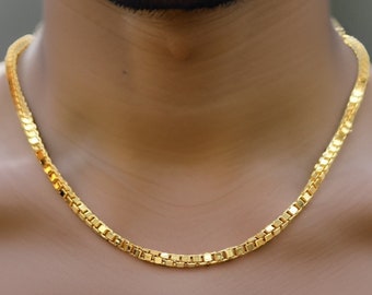 18K Solid Gold Box Chain Necklace – 3mm Square Link Unisex