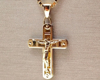 18K Solid Gold Cross Necklace: Jesus Pendant, Box Chain - Unisex