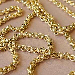 18K Solid Gold Rolo Chain Necklace, 5mm thick, Yellow Gold, Lobster Claw Clasp, For Women.