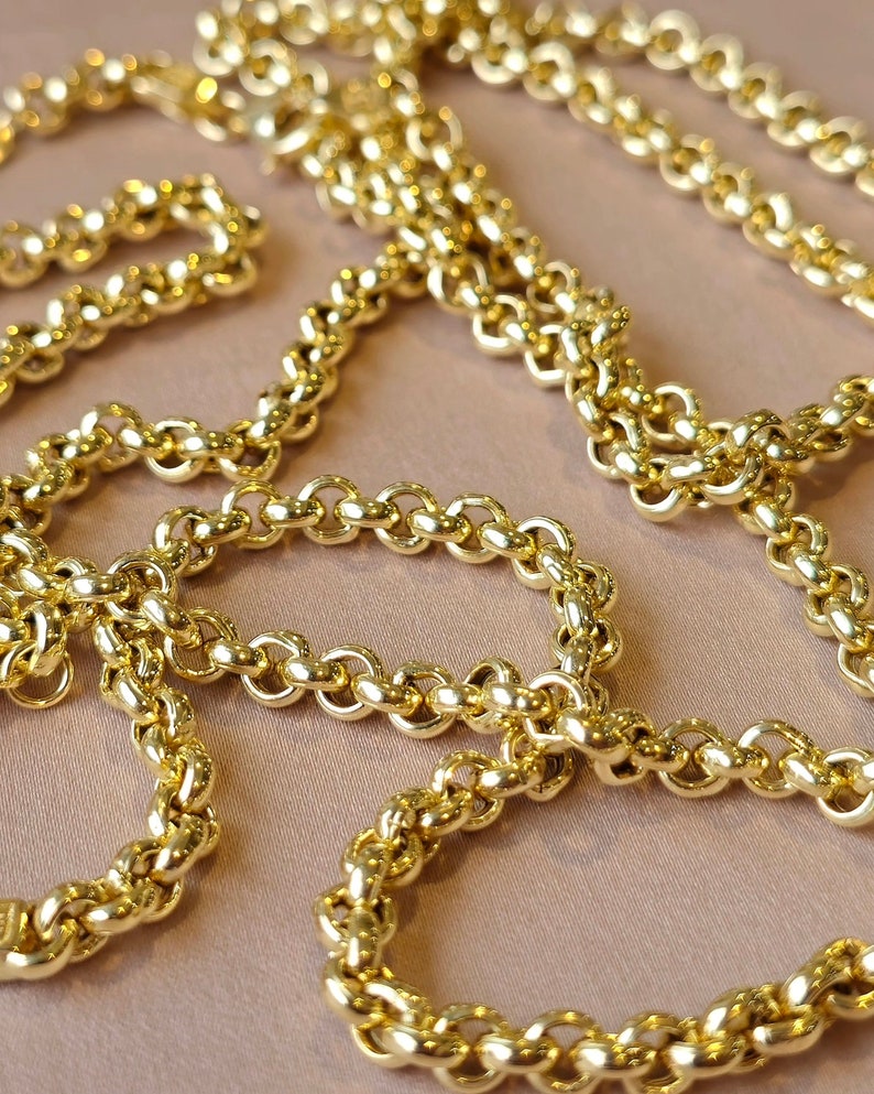 18K Solid Gold Rolo Chain Necklace, 5mm thick, Yellow Gold, Lobster Claw Clasp, For Women.