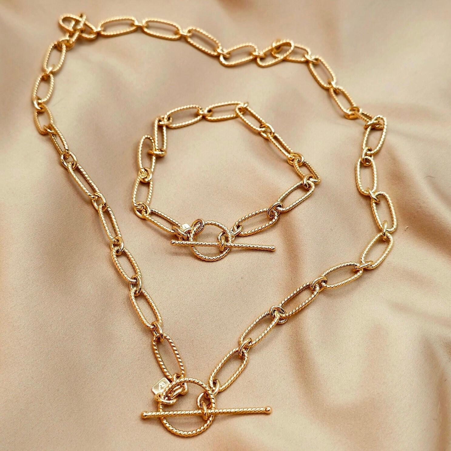 18K Solid Gold Paperclip Chain Necklace, Toggle Lock Necklace, 18K Yellow Gold Paperclip Chain, 7MM_18.75", Pure Gold Chain for Women, Gift!