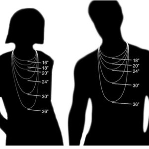 Puede incluir: Un diagrama de silueta negra que muestra dos figuras con m&uacute;ltiples collares de varias longitudes. La figura de la izquierda muestra cadenas etiquetadas de 16, 18, 20, 24, 30 y 36 pulgadas. La figura de la derecha muestra cadenas de 18, 20, 24, 30 y 36 pulgadas.
