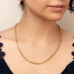 Puede incluir: Un collar de cadena en tono dorado que presenta una serie de eslabones uniformes de forma ovalada. El collar descansa sobre el cuello, mostrando un acabado met&aacute;lico pulido y reflectante que capta la luz, creando un patr&oacute;n de eslabones cl&aacute;sico.