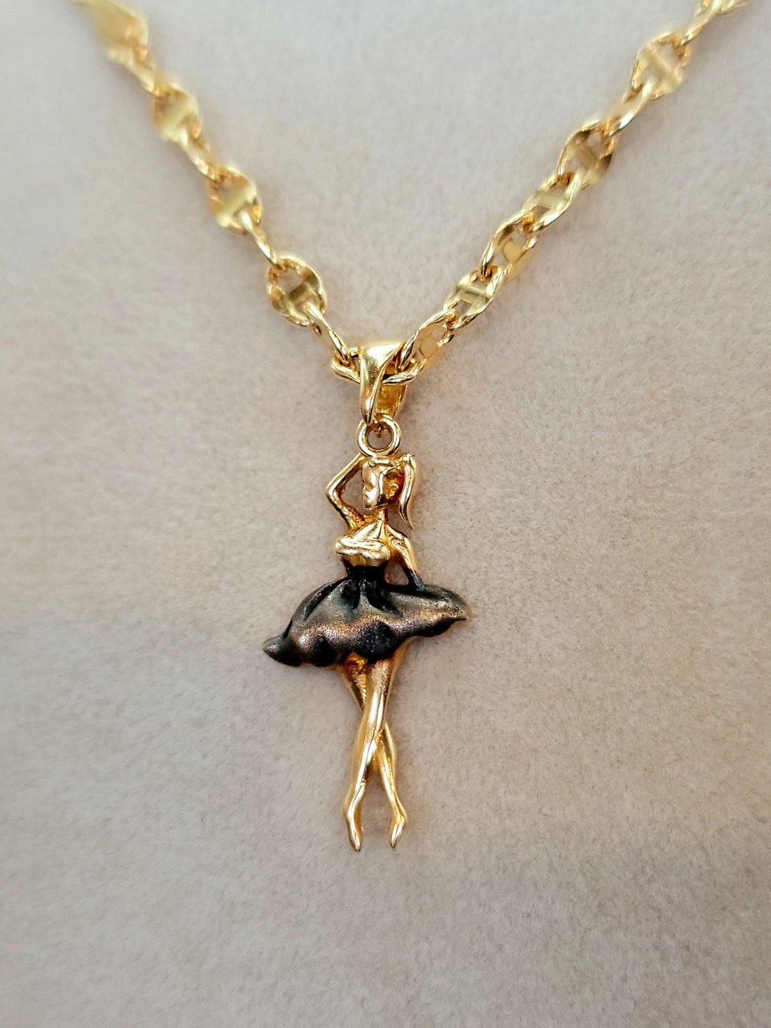 18K Solid Gold Ballerina Necklace: Dancing Angel Pendant, Anchor Chain ...
