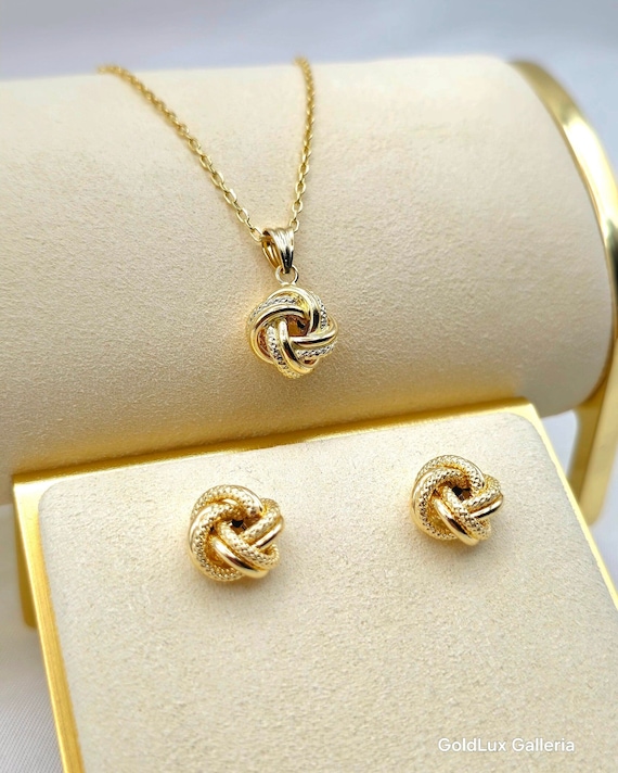 18K Solid Gold Love Knot Jewelry Set: Stud Earrings & Pendant