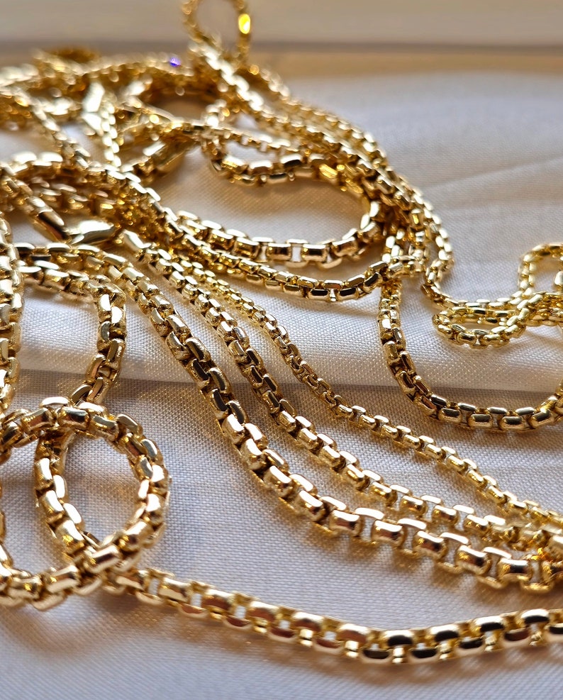 14K Solid Gold Box Chain Necklace: Round Link Diamond-cut (2mm-3.5mm ...