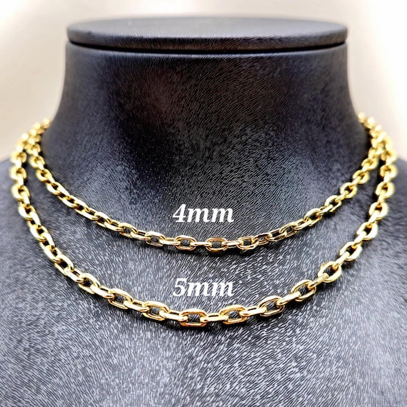 14K Solid Gold Cable Chain Necklace: 4mm-5mm Diamond-Cut Links