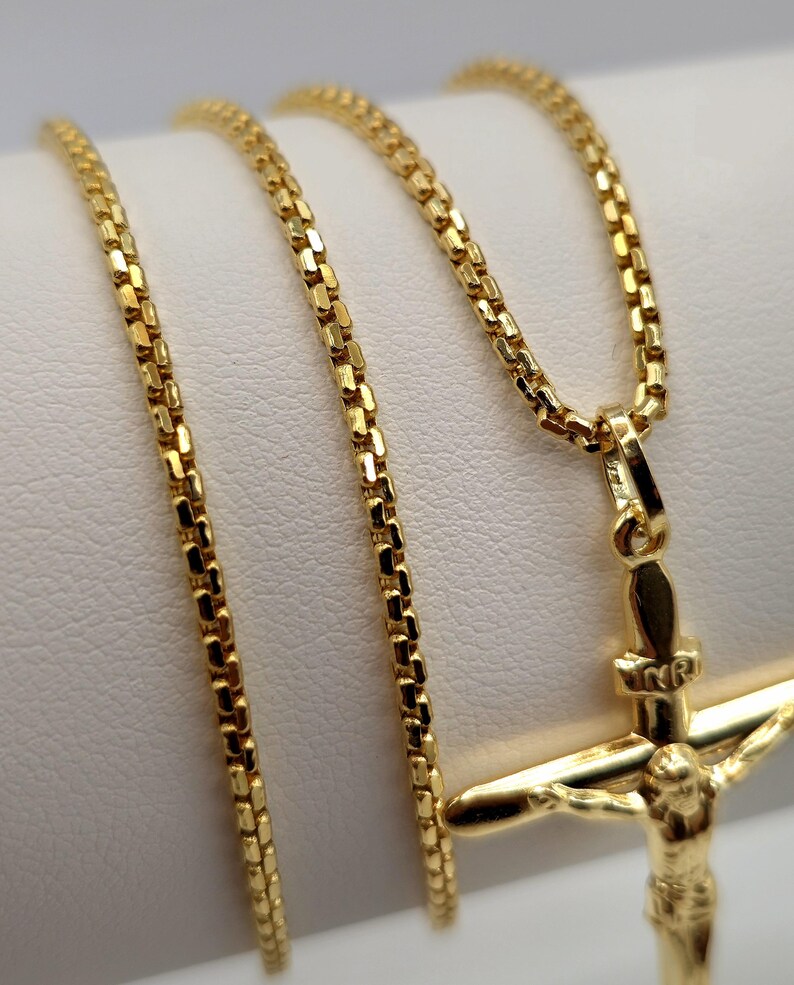 18K Solid Gold Cross Crucifix Pendant Necklace, 18K Gold Box Chain