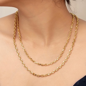 Puede incluir: Un collar de cadena de oro de doble capa con eslabones ovalados alargados. El collar consta de dos hilos de metal dorado pulido, con el hilo m&aacute;s corto descansando m&aacute;s arriba en el cuello y el m&aacute;s largo cayendo m&aacute;s abajo, creando un aspecto superpuesto.