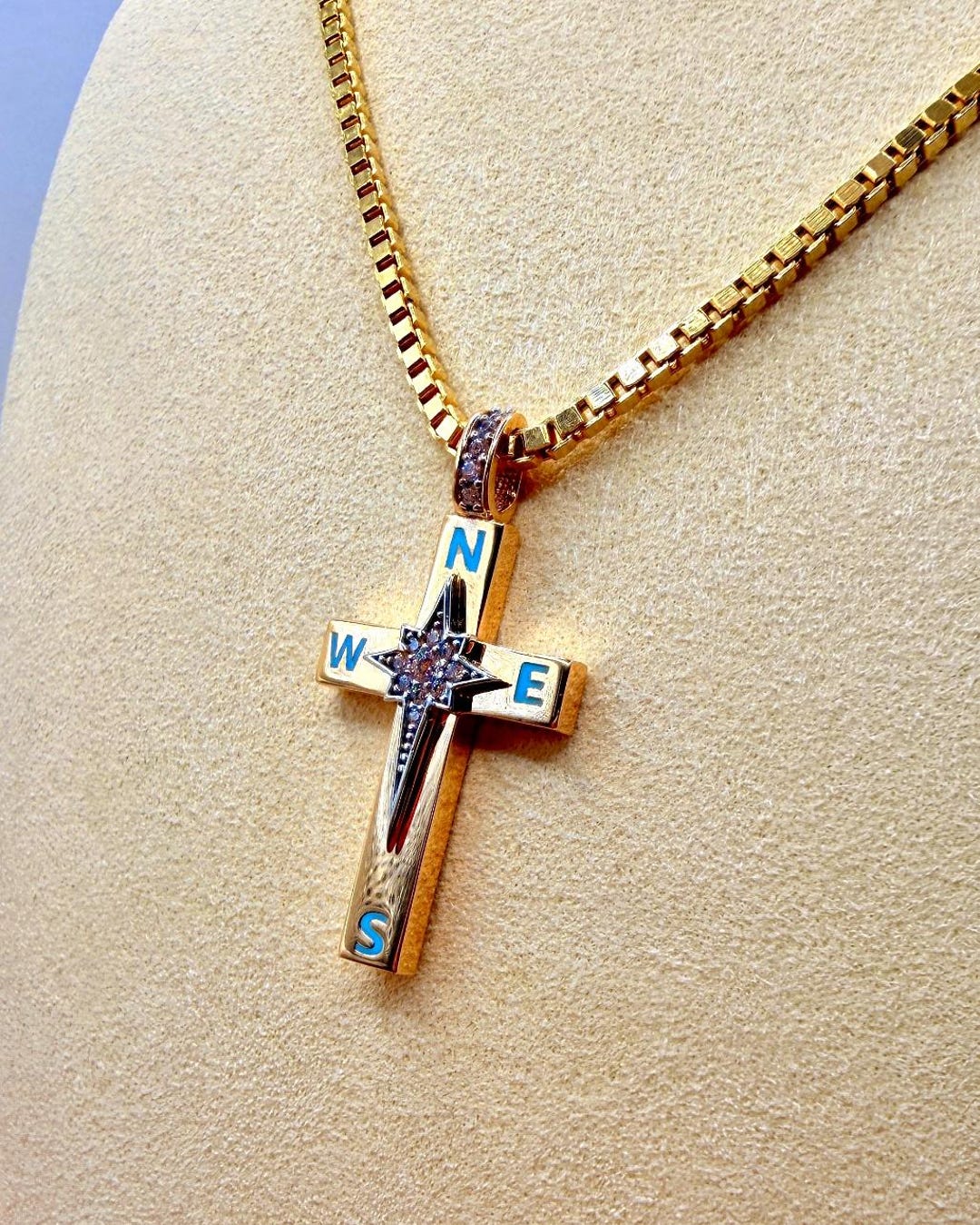 18K Solid Gold Cross Compass Pendant Necklace With Box Chain - Unisex ...