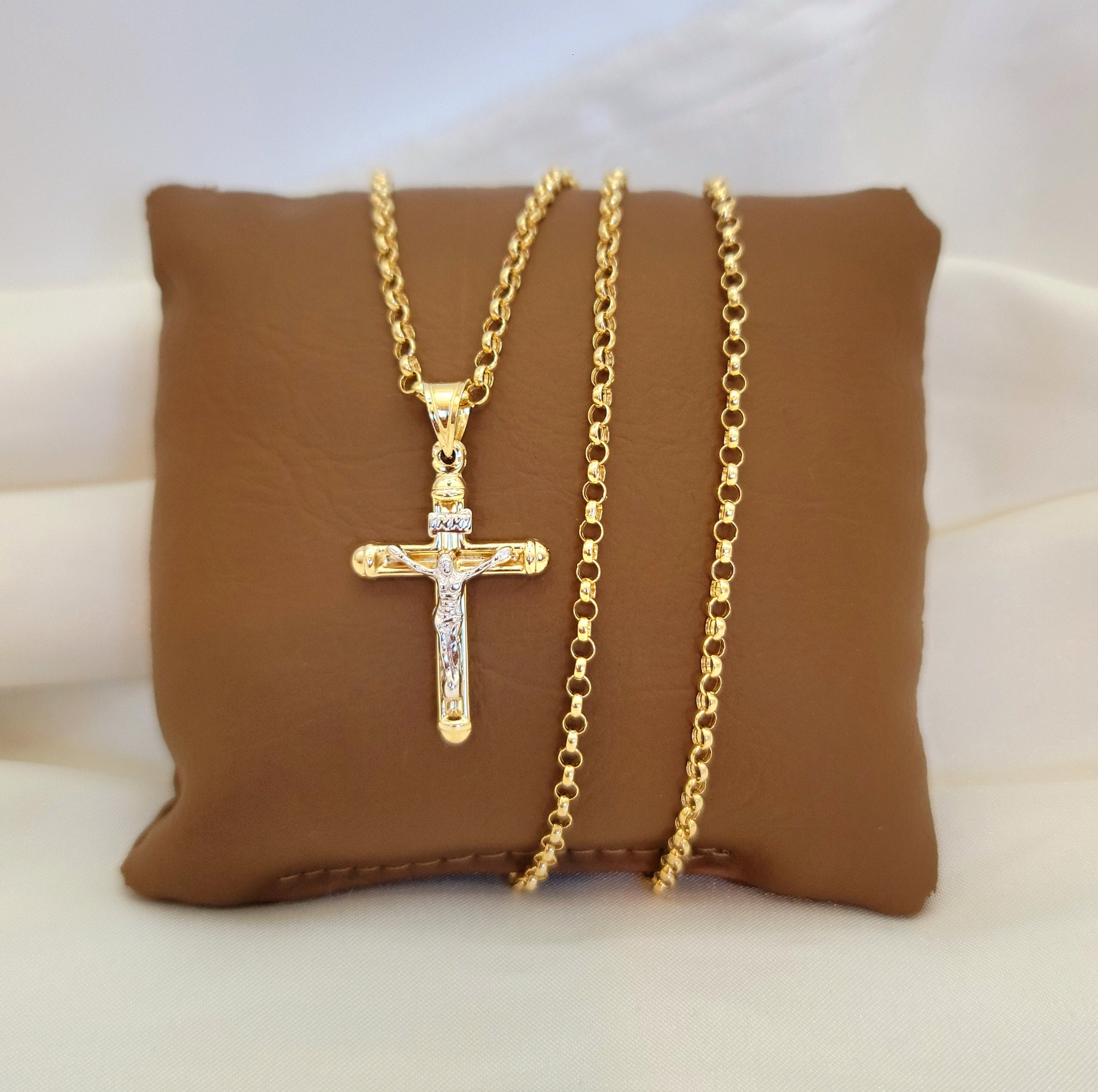 14K Solid Gold Cross Chain Necklace 14K Solid Gold Rolo Etsy