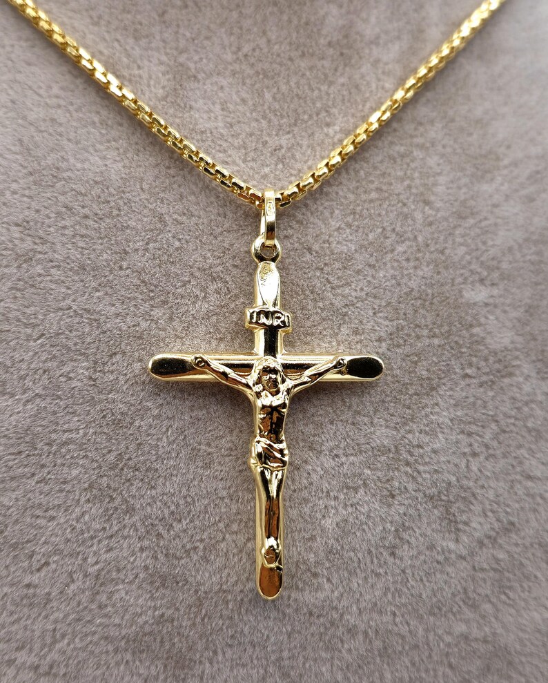 18K Solid Gold Cross Crucifix Pendant Necklace, 18K Gold Box Chain