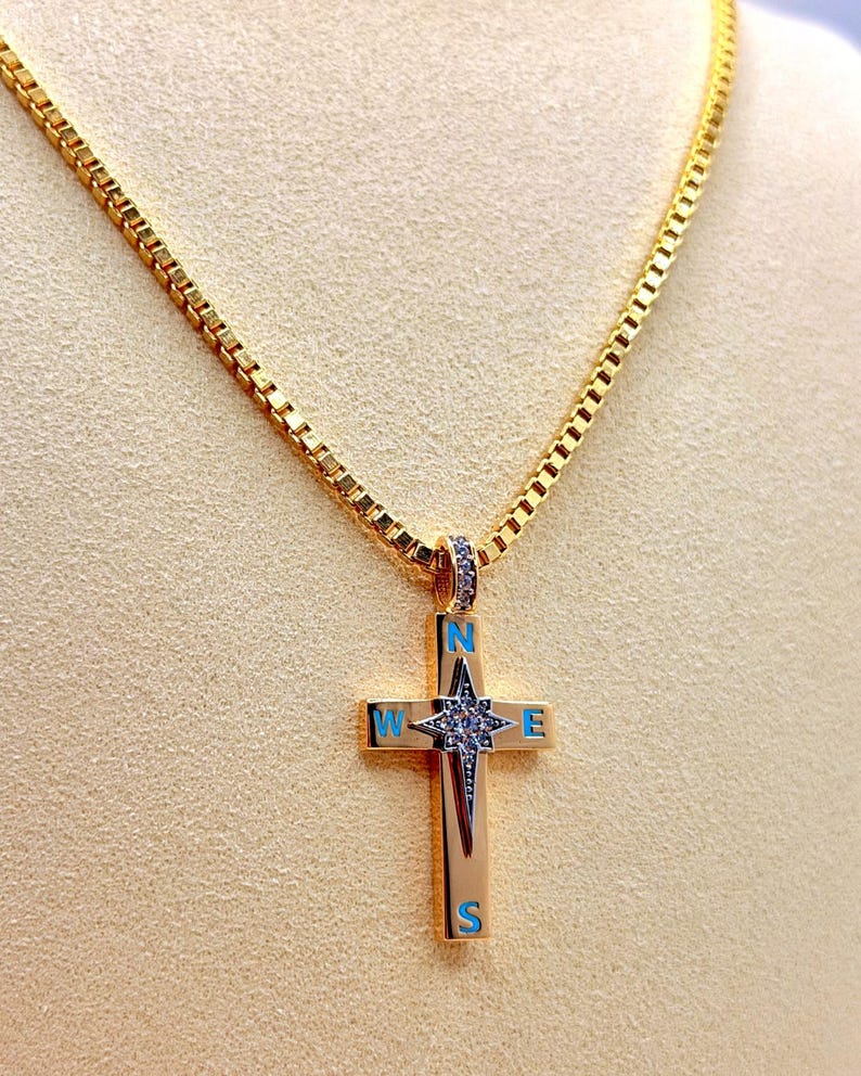 18K Solid Gold Cross Compass Pendant Necklace With Box Chain - Unisex ...