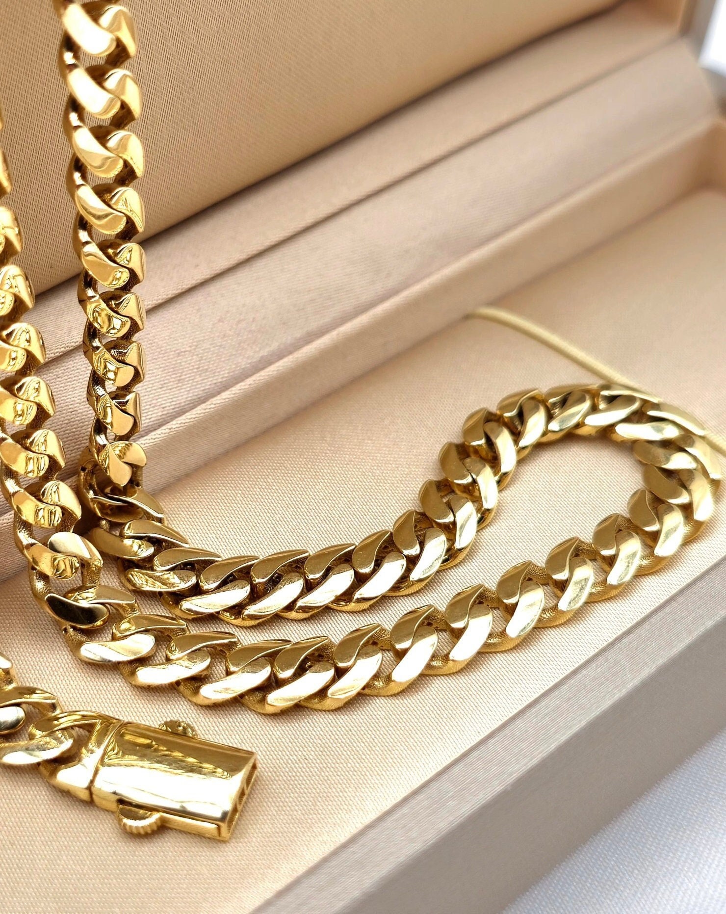 18K Solid Gold Miami Cuban Chain or Bracelet: Chunky Link Necklace 