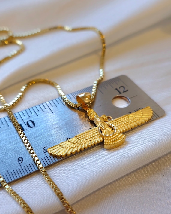 18K Solid Gold Faravahar Pendant Necklace: Persian Ahura Mazda