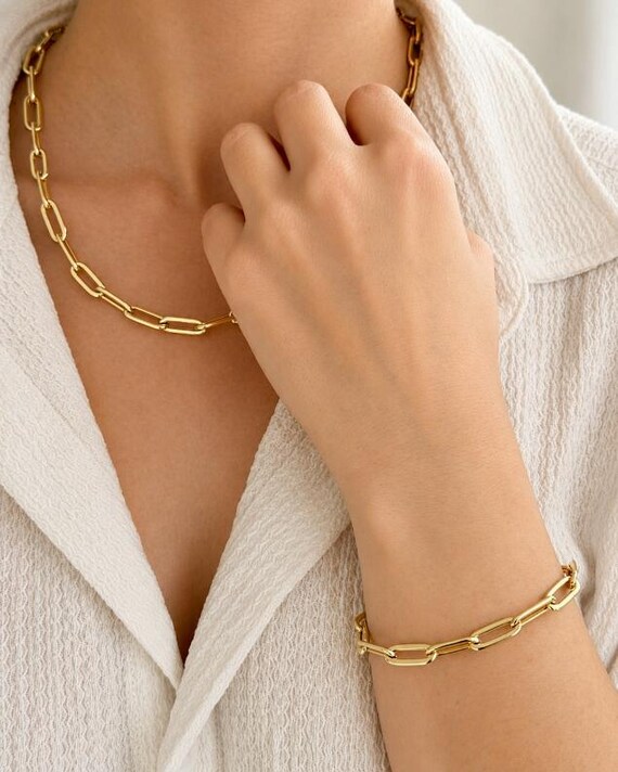18K Solid Gold Paperclip Necklace, 6.5mm Oval Link Chain, Yellow