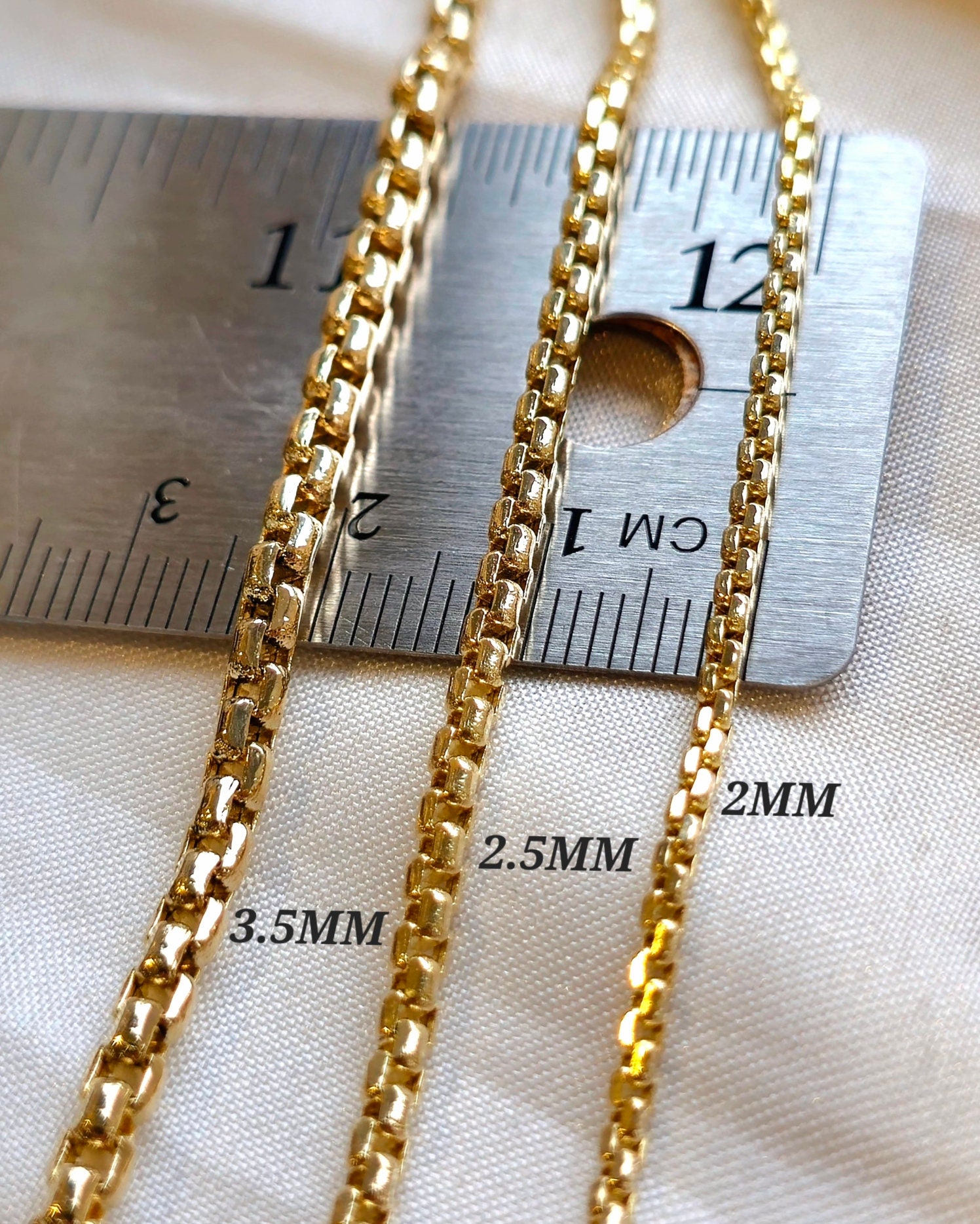 14K Solid Gold Box Chain Necklace, Real 14K Gold Round Box