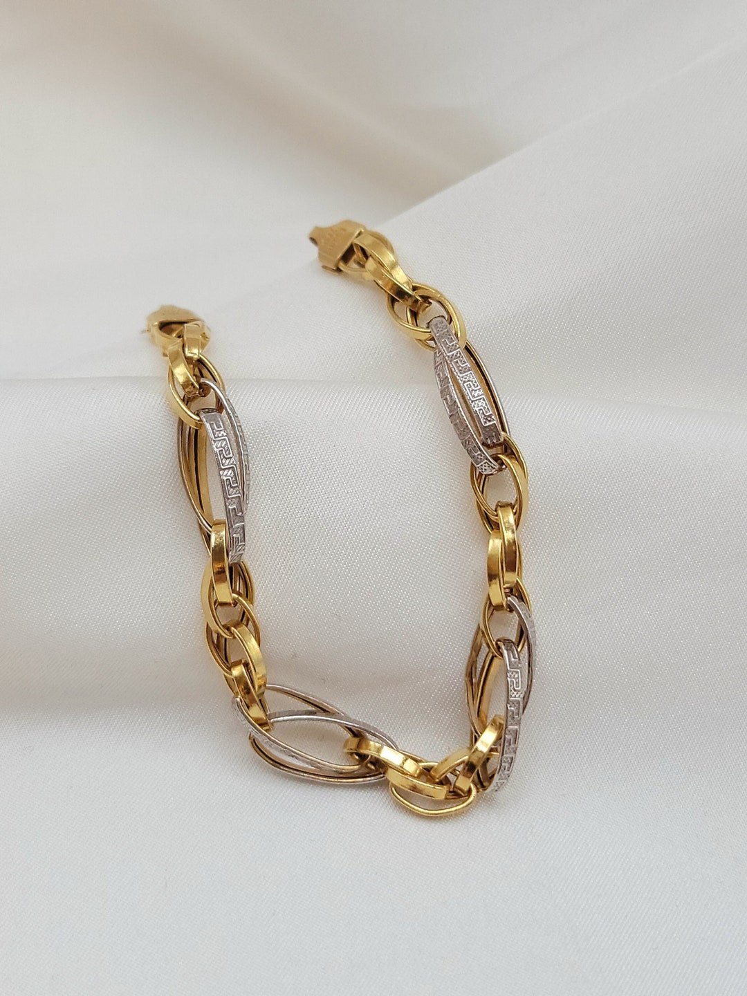 18K Solid Gold Link Bracelet/yellow and White Oval Link Chain Bracelet