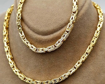 18K Solid Gold Byzantine Chain Necklace or Bracelet Set (3.5MM Thick) - Unisex