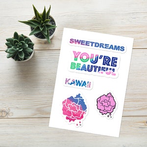 Kawaii Aufkleber Positive Gedanken Bogen | Süße Sticker für Laptop | Notizblock | Japanische Aufkleber| Kunst von Milky Rose Dreams | Rosa | Blau