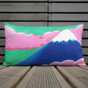 Premium Throw Pillow | Pink and Blue Cute Pillow | Green Pillow | Mountain Pillow | Kawaii Decor | Bubblegum Float | Art By Milkyrose Dreams
