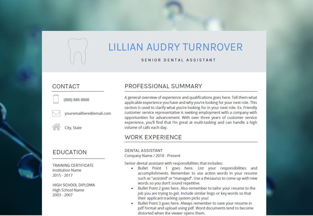 Dental Assistant Resume Template CV - Clean and Professional - Etsy