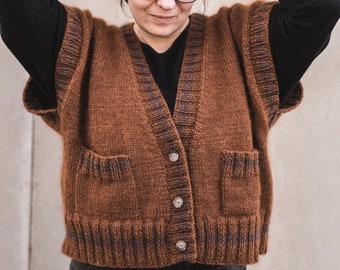 Knitting Pattern, V Neck Mohair Wool Vest with Pockets