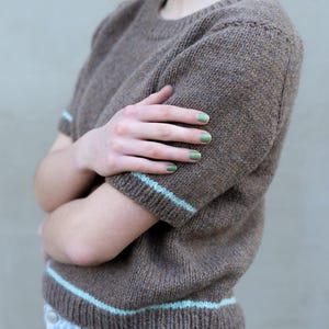 May include: A brown short-sleeved sweater with a light blue trim around the neckline and sleeves. The sweater is made of a soft, knitted fabric.