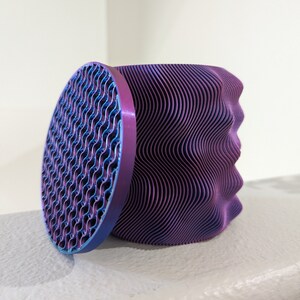 Op de afbeelding: Een 3D-geprinte, abstracte sculptuur in paarse en blauwe tinten. Het hoofdonderdeel heeft een golvende, geribbelde textuur, terwijl het losstaande cirkelvormige deel een patroon met een roosterachtig ontwerp heeft. Het stuk staat tegen een witte achtergrond.