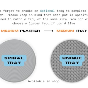 Puede incluir: La imagen muestra dos bandejas circulares. Una es gris con un dise&ntilde;o en espiral, etiquetada como "SPIRAL TRAY". La otra es gris con un patr&oacute;n texturizado, etiquetada como "UNIQUE TRAY". El texto sugiere bandejas para macetas.