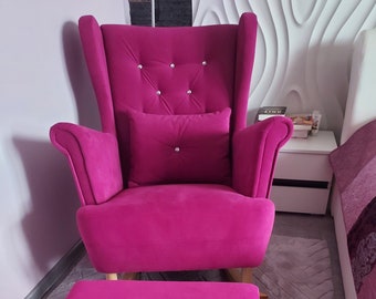 Fauteuil à bascule, fauteuil à oreilles, tabouret avec espace de rangement, fauteuil et tabouret, chaise d'allaitement, chaise de relaxation | Lieu 36 | Flori