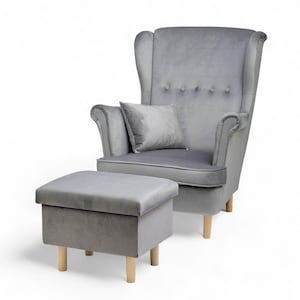 Grau Ohrensessel, Hocker, Fußstütze, Relaxsessel, Armlehnensessel, Stillstuhl, Komfortsessel, Stillsessel, Sessel