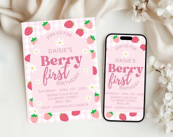 May include: Pink and white birthday invitation with a strawberry and flower pattern. The invitation says "Join us for Daisie's Berry First Birthday" and includes the date, time, and location of the party.