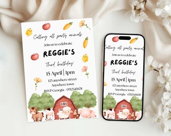 May include: A printable invitation for a child's third birthday party. The invitation features a farm theme with illustrations of animals, a barn, and a red apple. The text on the invitation reads "Calling all party animals. Join us to celebrate Reggie's Third birthday! 15 April | 1pm 123 anywhere street Anywhere town RSVP Georgia - 0712345678"
