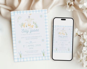 Invitación editable para baby shower de Silly Goose / Invitación para baby shower de Blue Goose / Invitación para baby shower de niño / Descarga digital imprimible