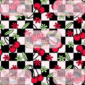 May include: A seamless pattern featuring red cherries with green stems and leaves on a black and white checkered background. Small red and green flowers are scattered throughout the pattern.