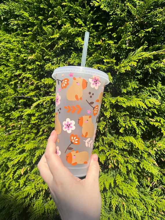 Floral capybara cup | reusable cold cup | 24oz cup with straw | cute animal cold cup | animal cup |