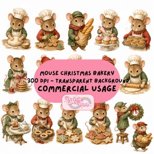 Kerstmuisbakkerij PNG-bundel, Kerstmuis clipart, Aquarel kerstmuisjes die bakken, Feestelijke bakkerij PNG, Commercieel gebruik, 300 DPI